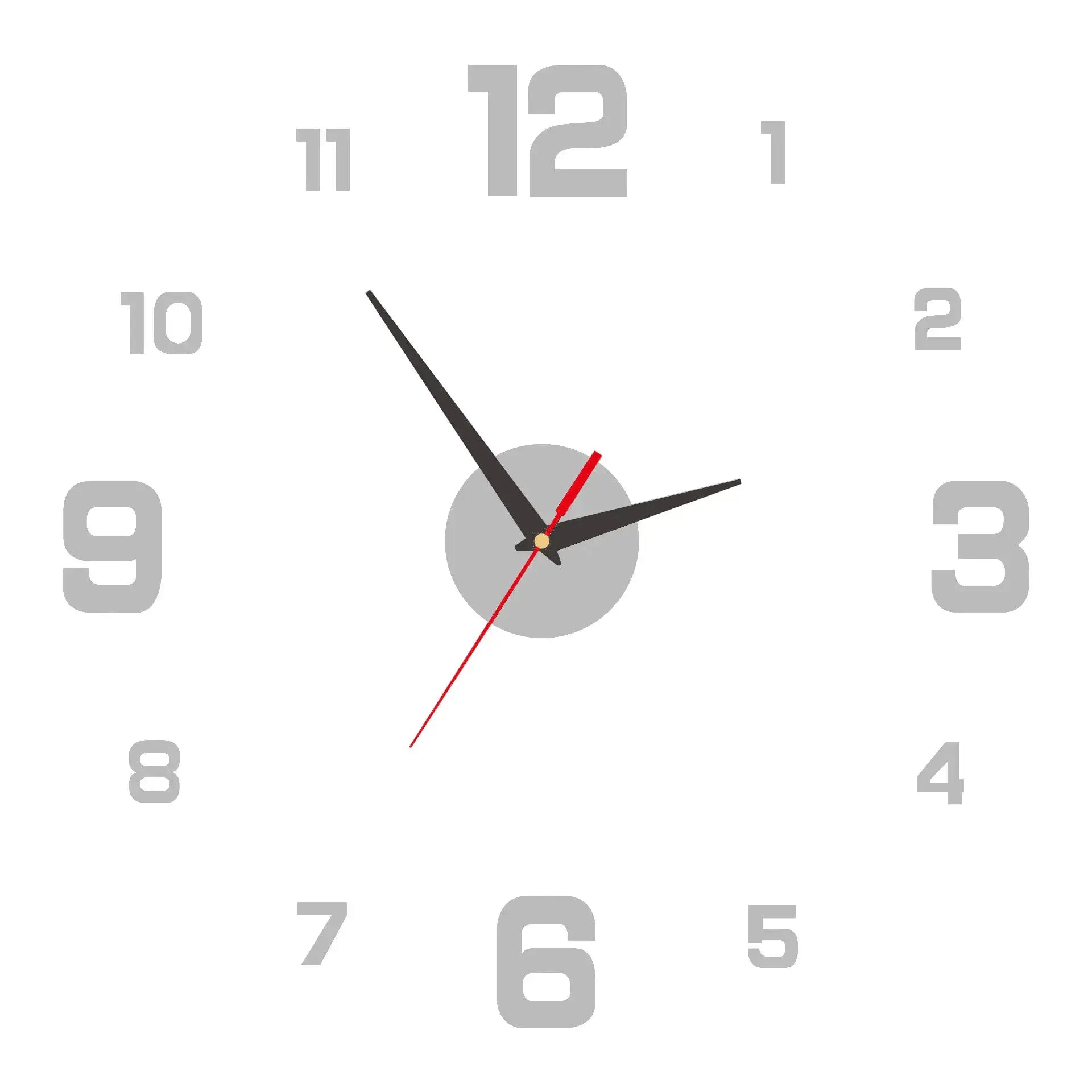 3D frameless wall clock with large gray numerals on a white dial; black hour and minute hands, red second hand.