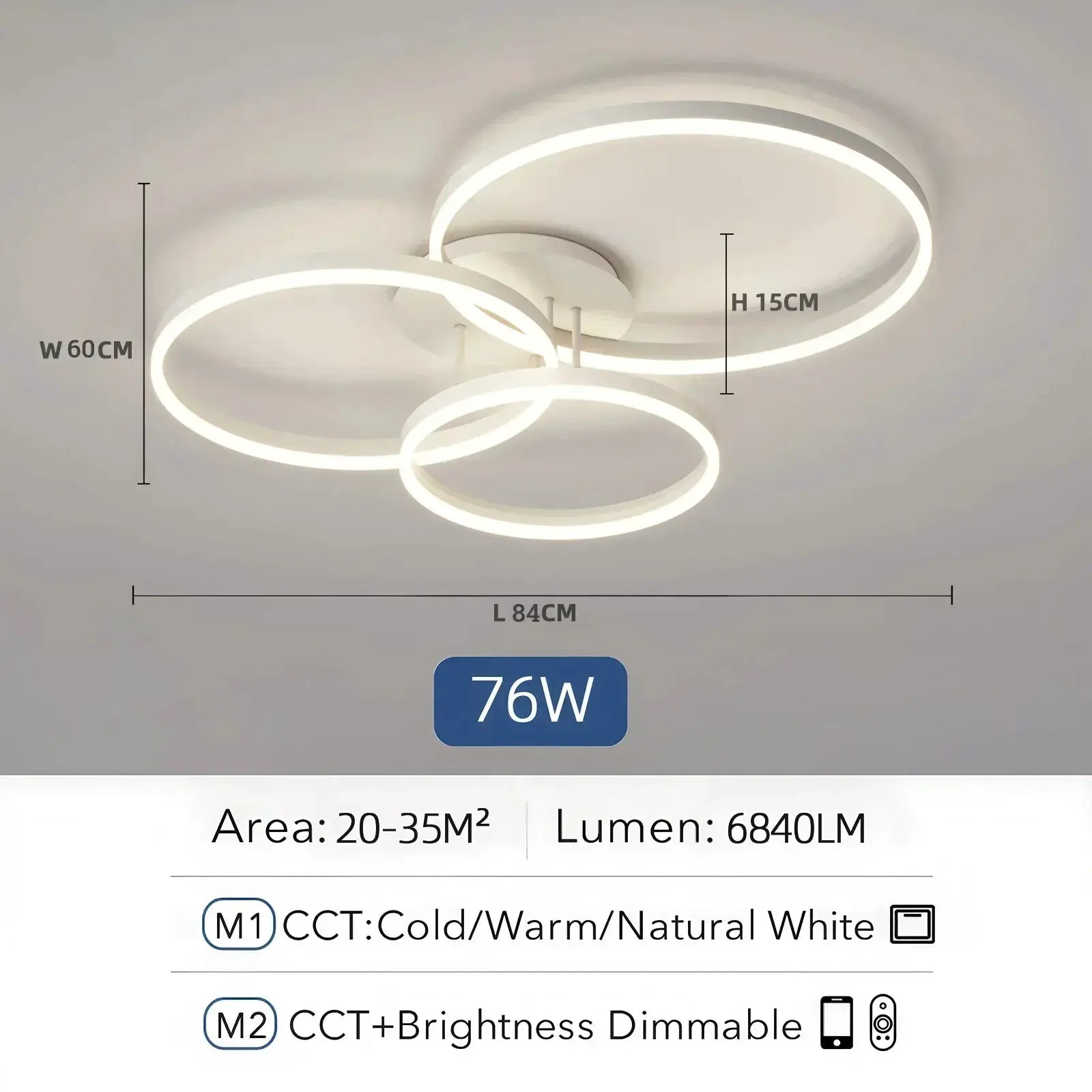 Smart ceiling chandelier with three glowing white circular rings, remote-controlled