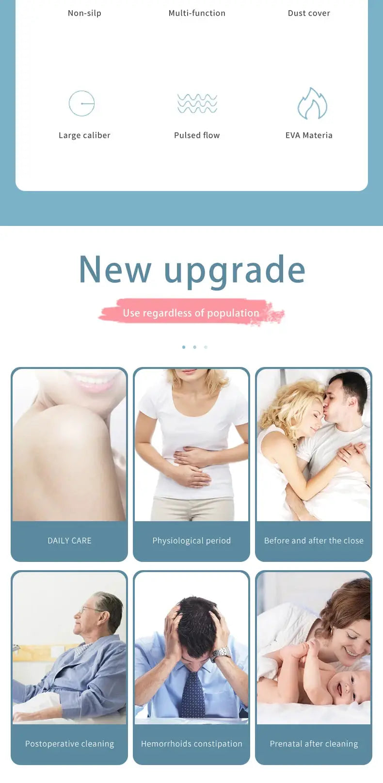 Simples Market 500ml portable handheld bidet spray; blue infographic showing upgrade features for pregnancy and baby care.