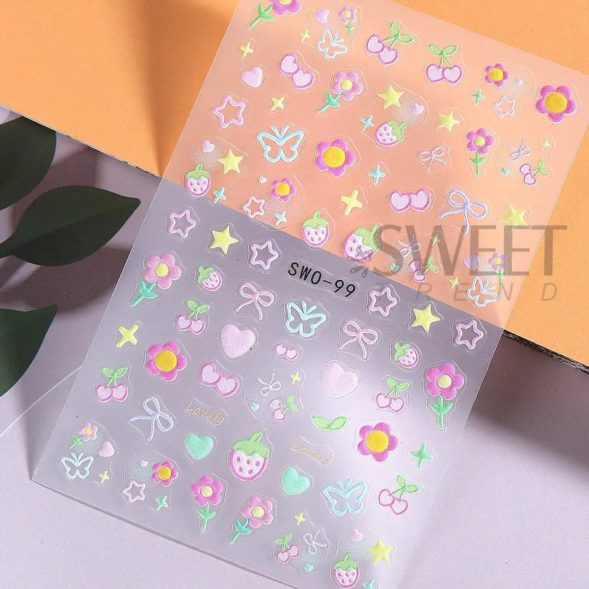2pc Sweet Element Nail Art Sticker sheets with pastel flowers, hearts, bows, butterflies, stars and strawberries