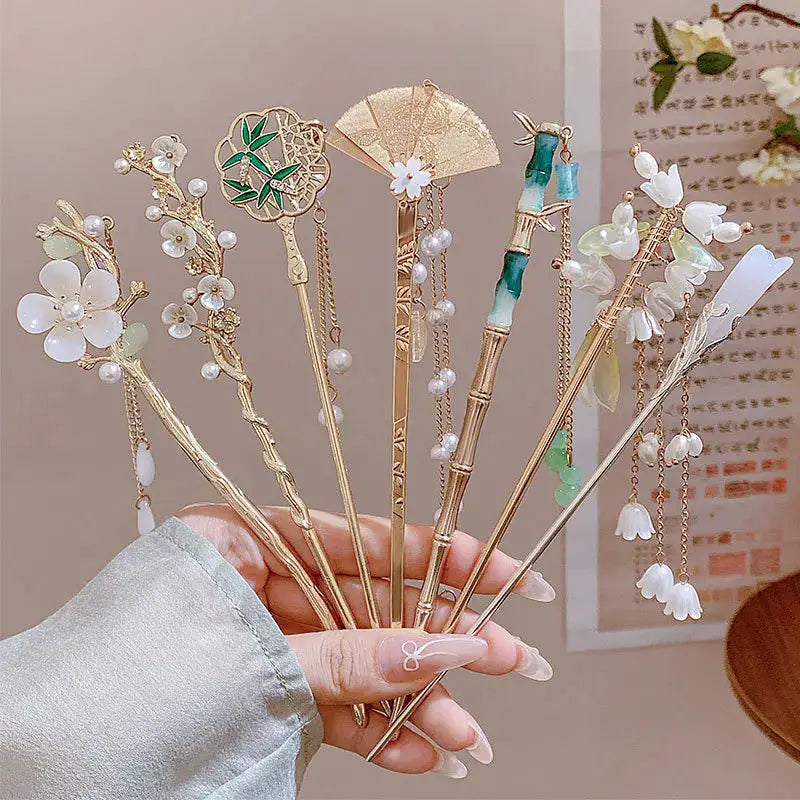 Elegant Chinese Style Romantic Enameled Flower Tassel Hair Clip Alloy Jewelry Hairpin For Women Fashion Accessory