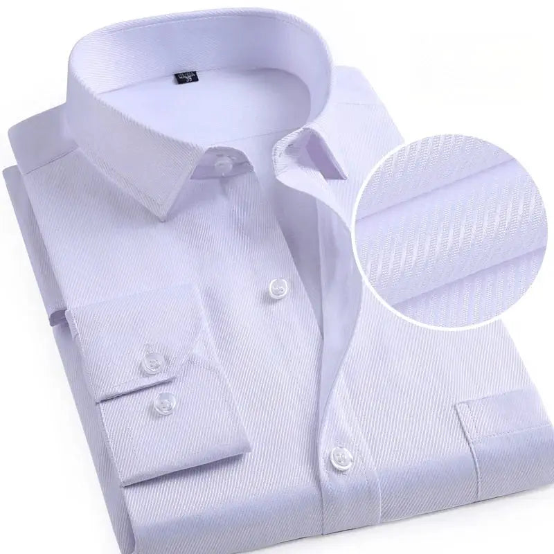 Men's formal dress shirt, long sleeve, light blue solid with subtle textured weave and front pocket