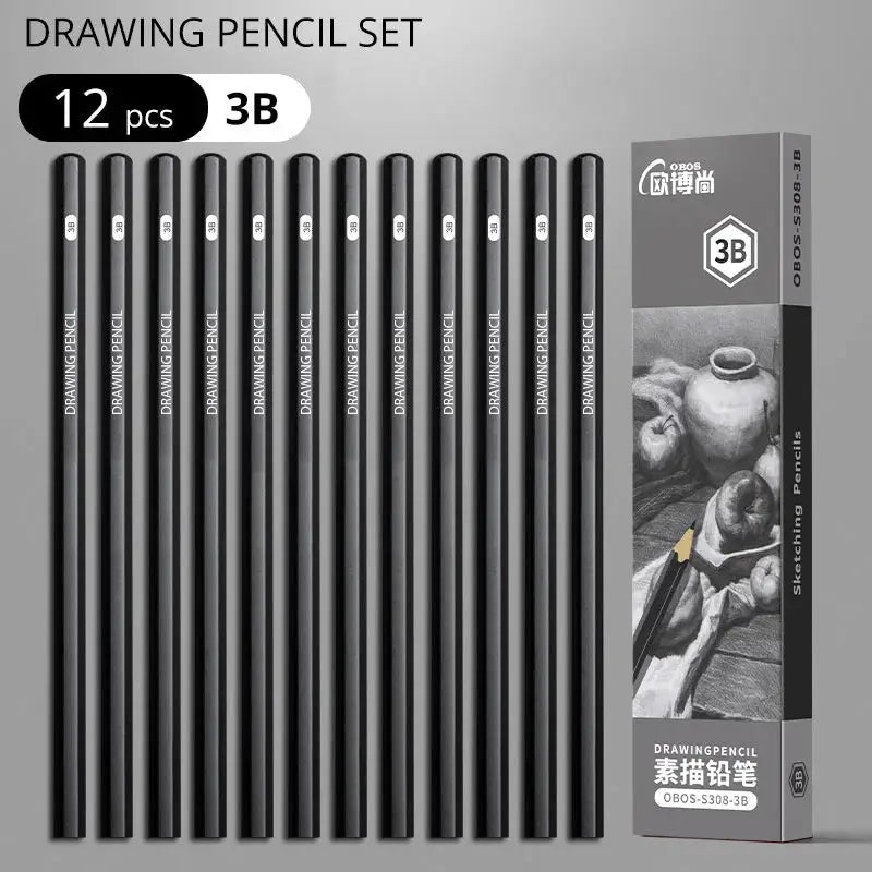 Drawing pencil set, 12-piece graphite pencils labeled 3B with a matching packaging box.
