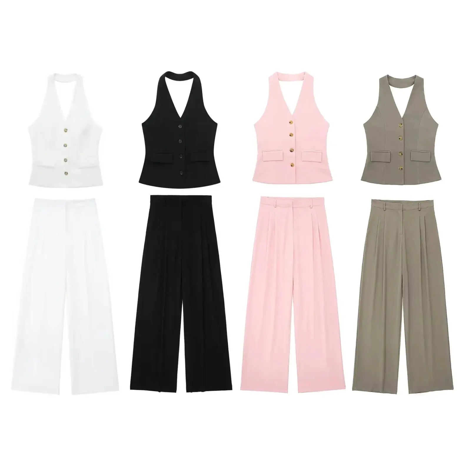 HH Women Pant Suit Set Halter Vest Blazer Top Zipper Pants Office Lady
