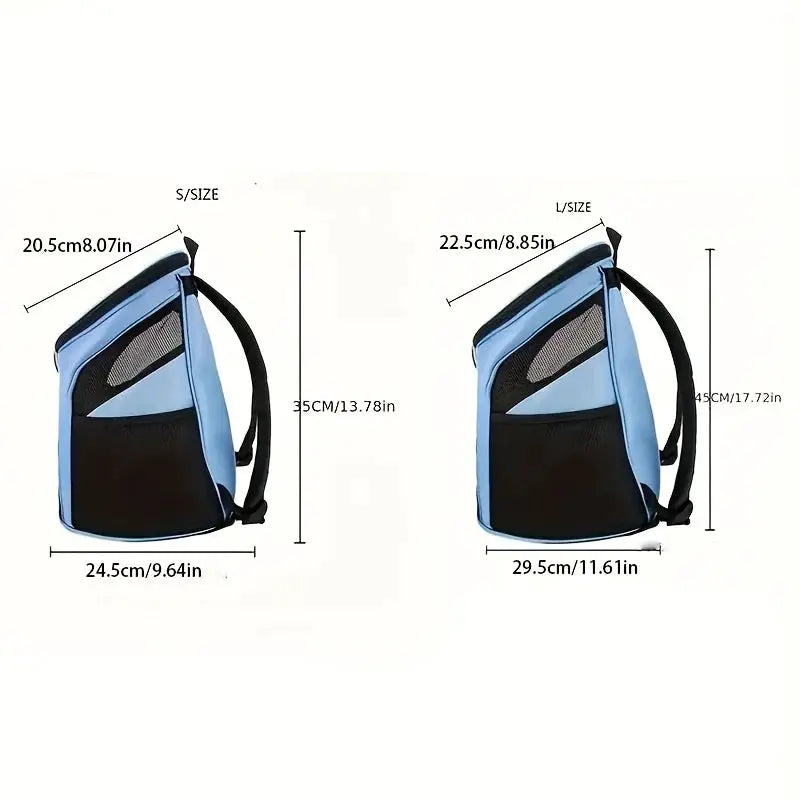 Simples Market blue mesh dog backpack carrier, breathable and foldable with large capacity; shown in S and L sizes.