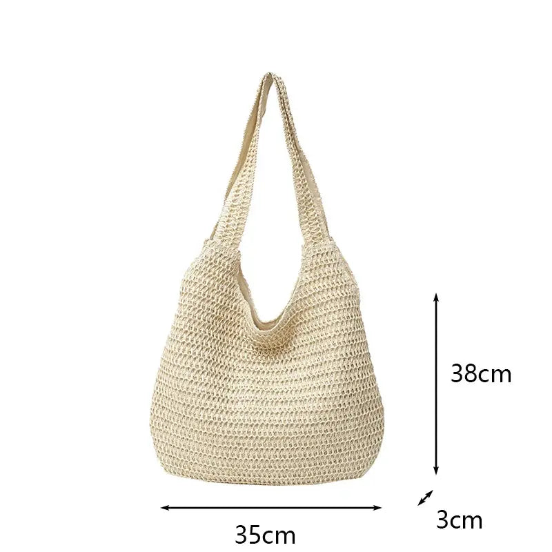 Fashion rattan shoulder bag; cream woven straw tote with long handles, large capacity