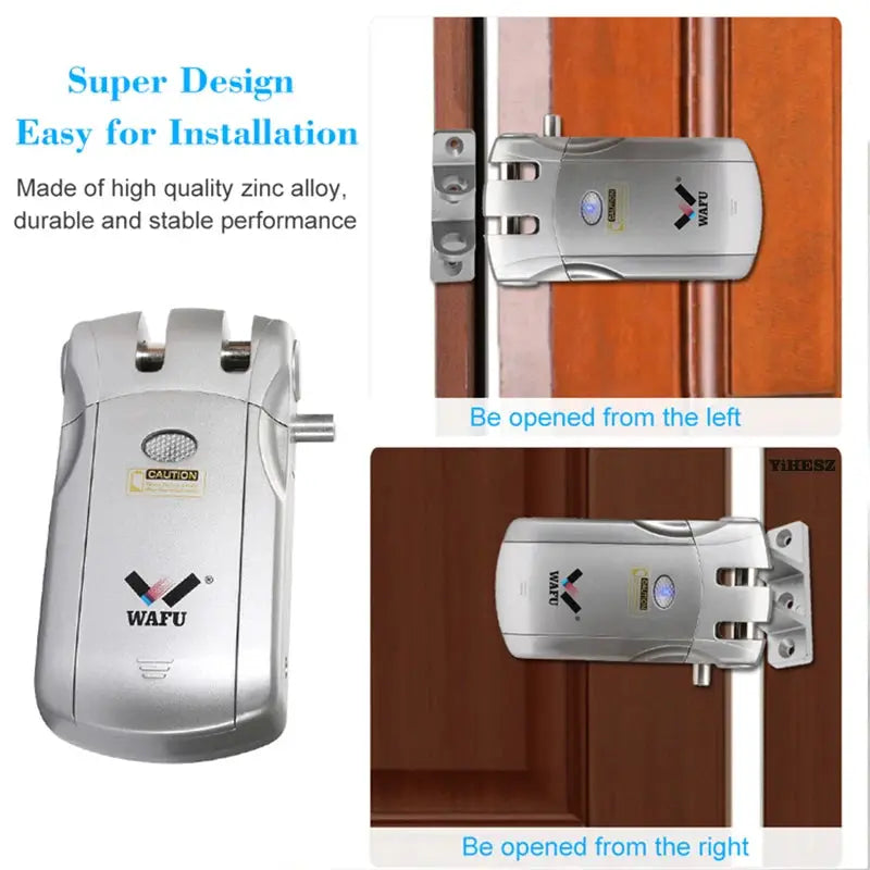 WAFU 019 remote control door lock in silver; left or right opening, WAFU logo visible.