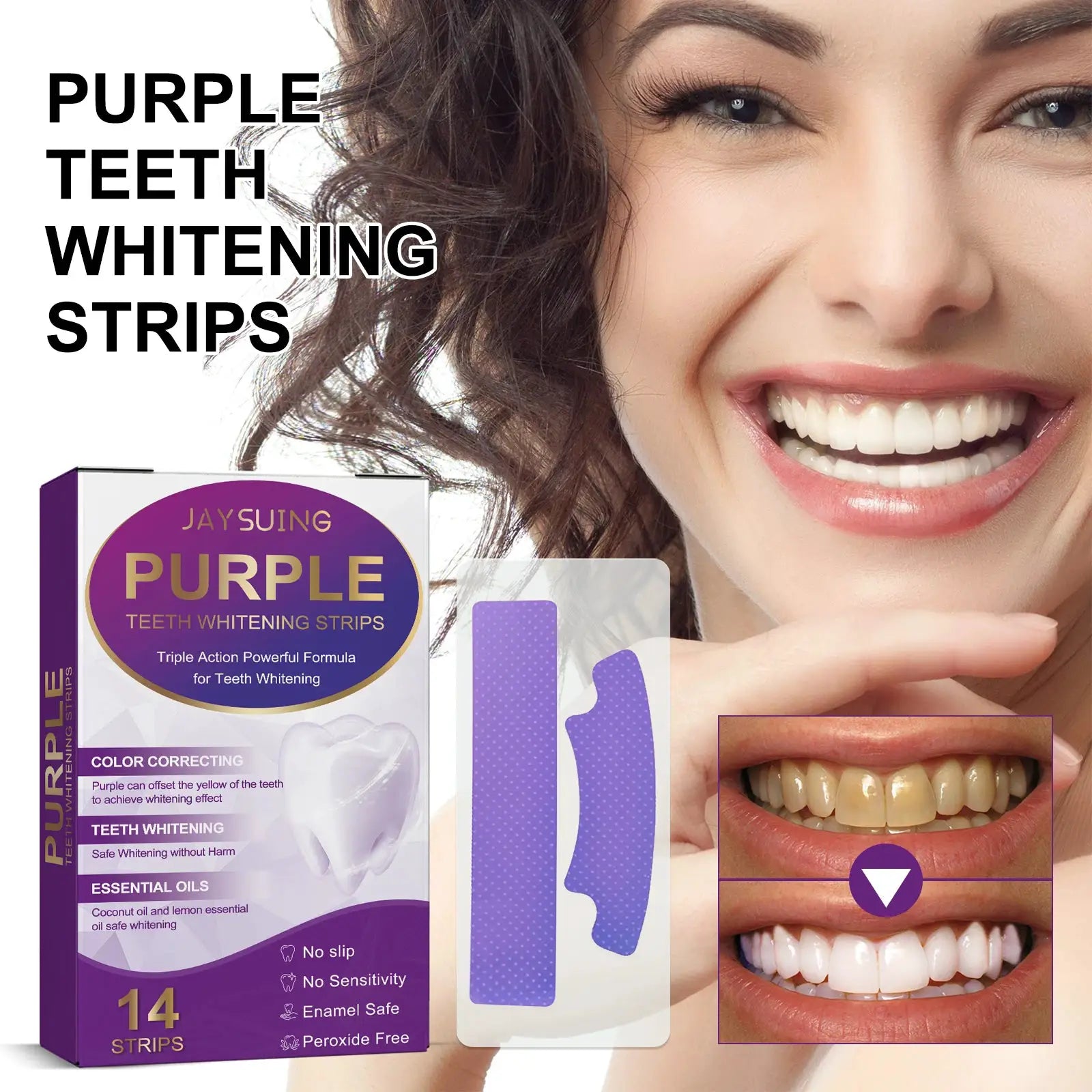 Teeth whitening strips box, purple packaging, 14 strips, shown with a smiling woman.