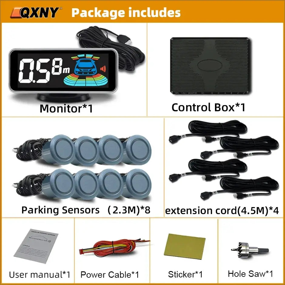 Simples Market parktronic kit: monitor, control box, 8 sensors, 4 cords, manual, power cable, sticker, hole saw.