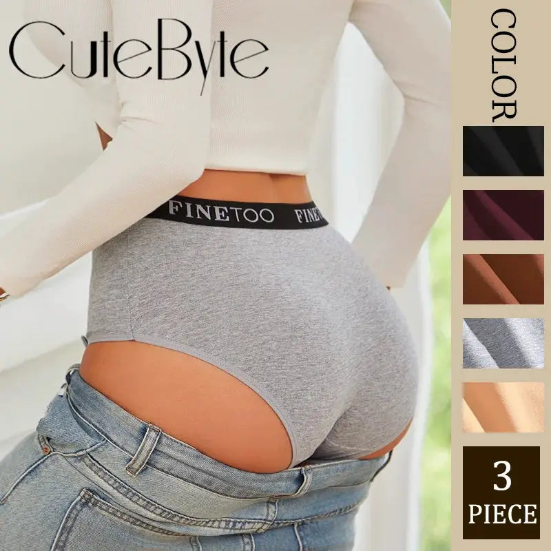 Finetoo 3-pack women's cotton briefs; gray seamless low-rise underwear with elastic FINETOO waistband.