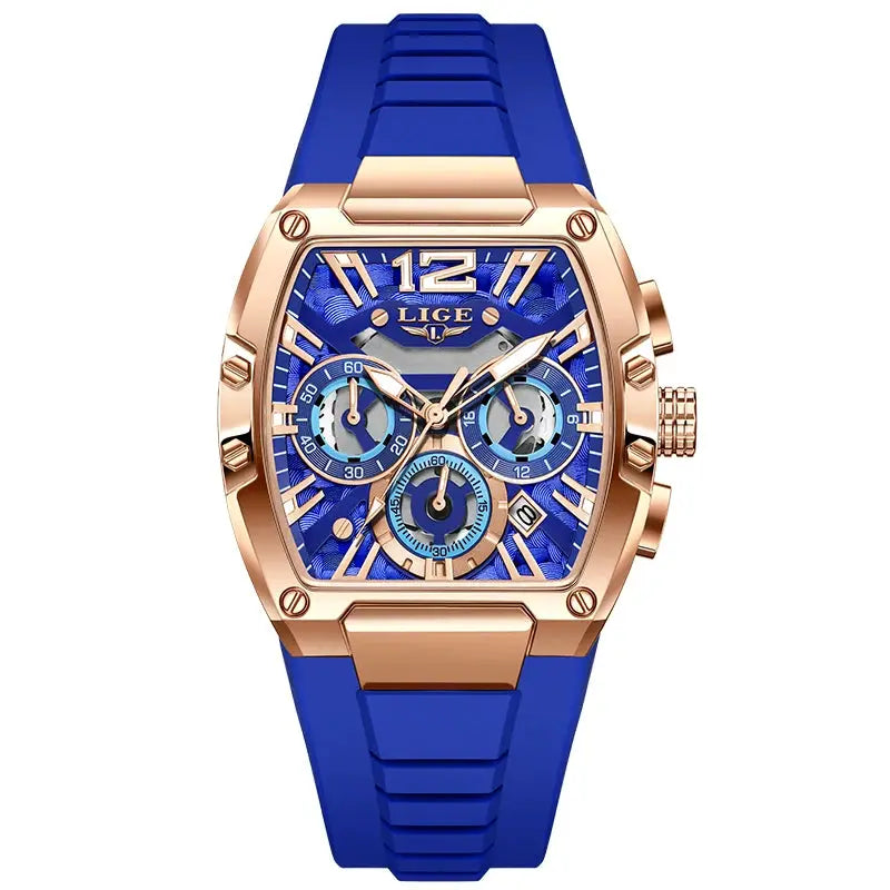 LIGE men's chronograph watch with rose-gold case, blue dial and blue silicone strap