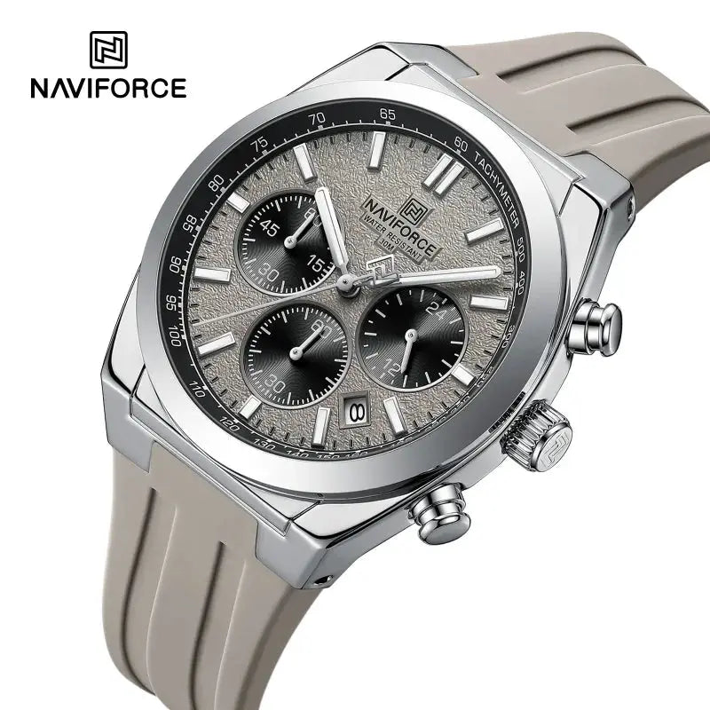 NAVIFORCE 8080 men's quartz chronograph watch with beige strap, silver case, date window, three subdials