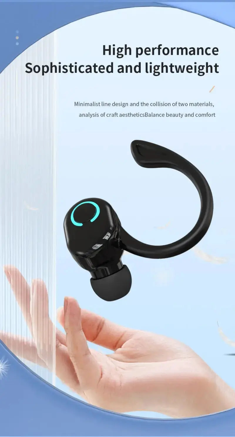 Bluetooth 5.2 wireless ear-hook headset with mic, black mini earbud with turquoise ring and over-ear hook