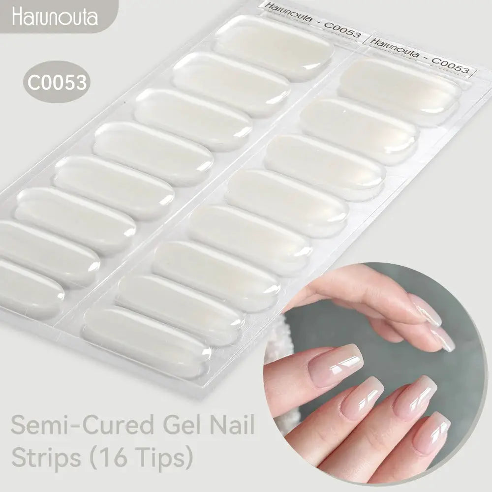 Semi-cured gel nail strips, nude gradient, glossy finish, 16 tips