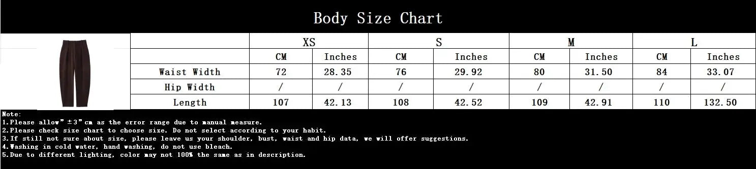 KONDALA baggy brown pants shown with body size chart (XS–L)