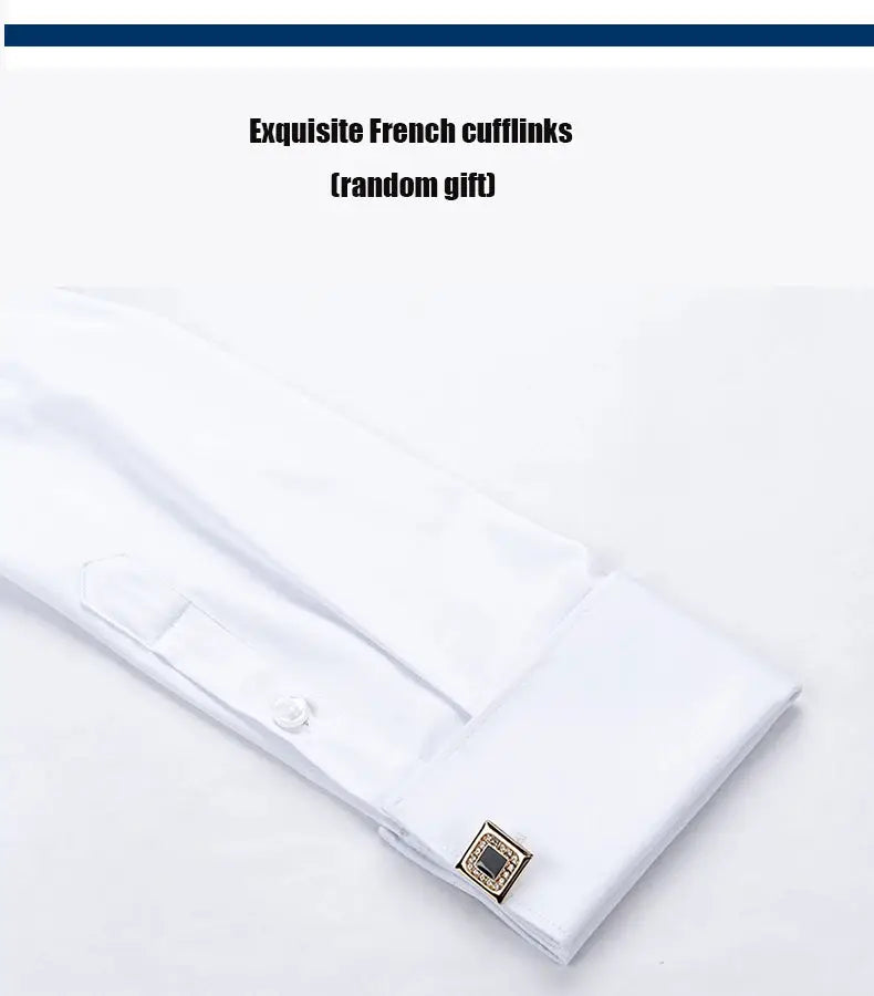 White dress shirt with French cuffs and square gold-framed cufflink by Simples Market.