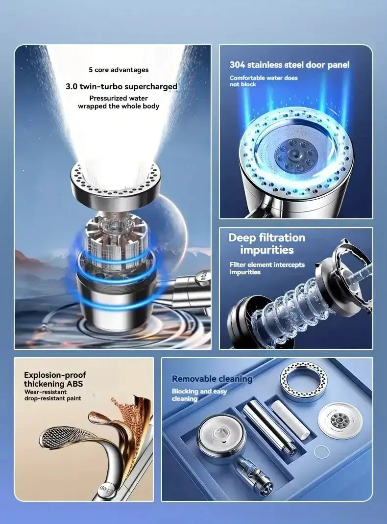 Shower head with filter and 5 modes; handheld high-pressure set with stainless steel construction