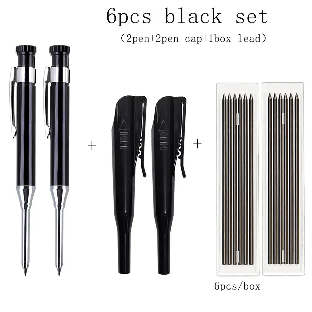 6-piece black metal carpenter pencil set with cap-sharpener and 2 packs of 2.8mm leads