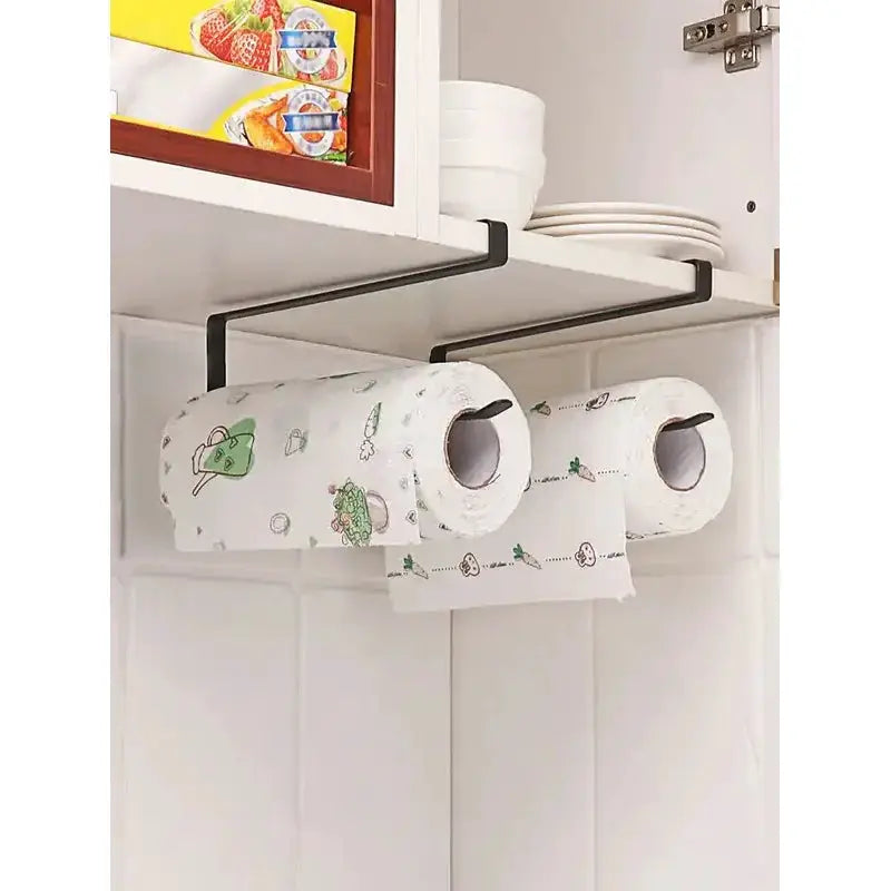 Paper towel holder and towel rack in black metal hanging under kitchen cabinet; holds two rolls
