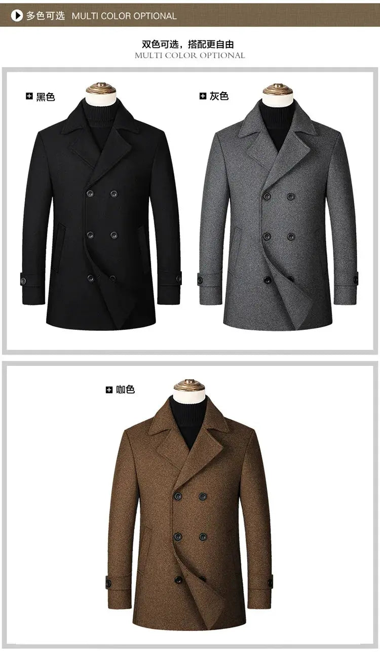 Simples Market double-breasted men's wool coat in black, gray, and brown options; warm trench style.