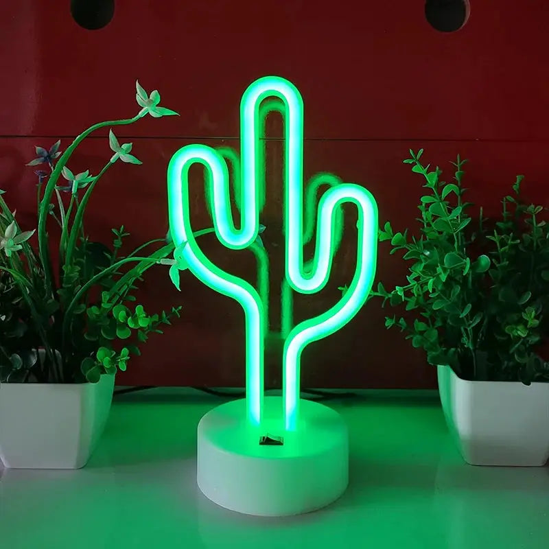 Cute cactus neon sign lamp; Simples Market LED table light with white base, battery and USB powered, green glow.
