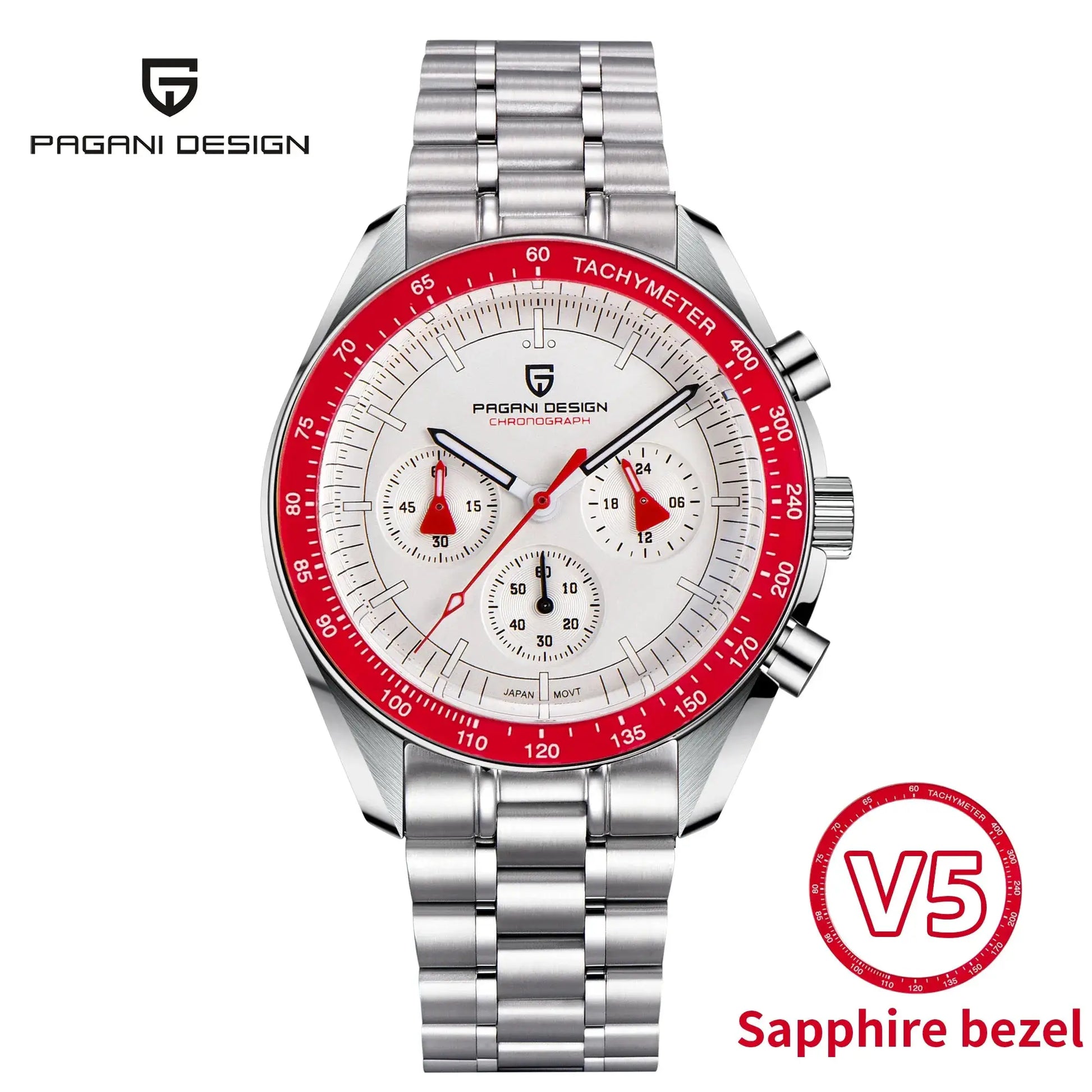 PAGANI DESIGN men's chronograph watch with stainless steel bracelet, white dial, red tachymeter bezel.