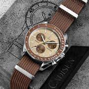 CADISEN men's canvas-strap chronograph watch with tan dial, brown tachymeter bezel, stainless steel case