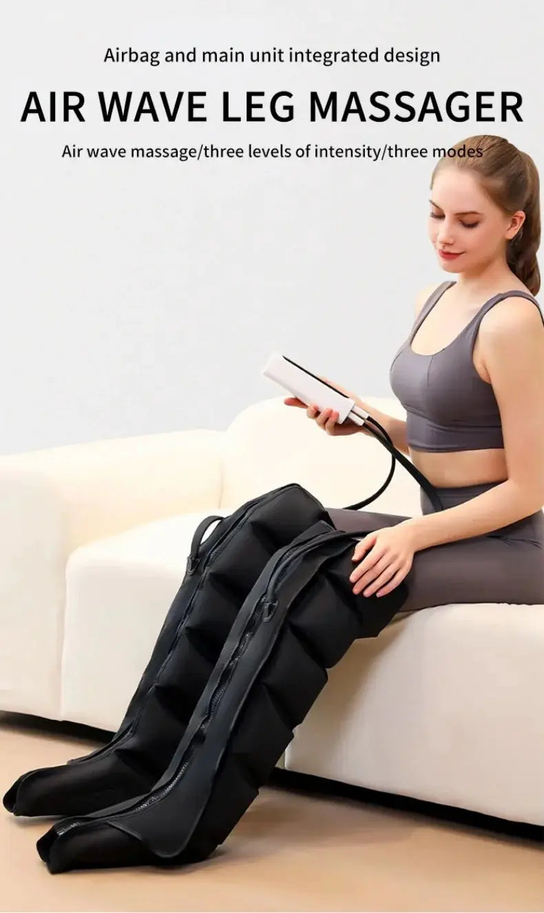 Simples Market Air Pressure Leg Massager Boots in black with remote control for calf massage.