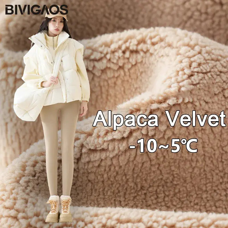 BIVIGAOS women's beige fleece velvet high-waist leggings, seamless slim-fit for winter warmth