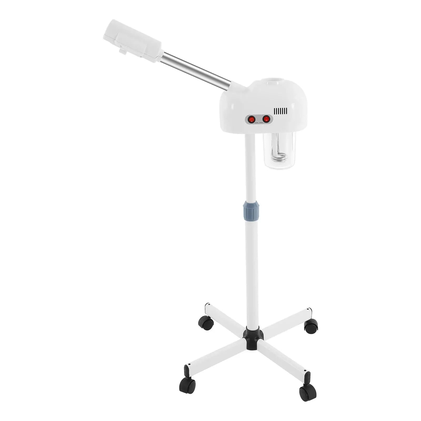 Facial steamer on a height-adjustable stand with 360° rotatable nozzle; white and silver, 750ml ozone unit
