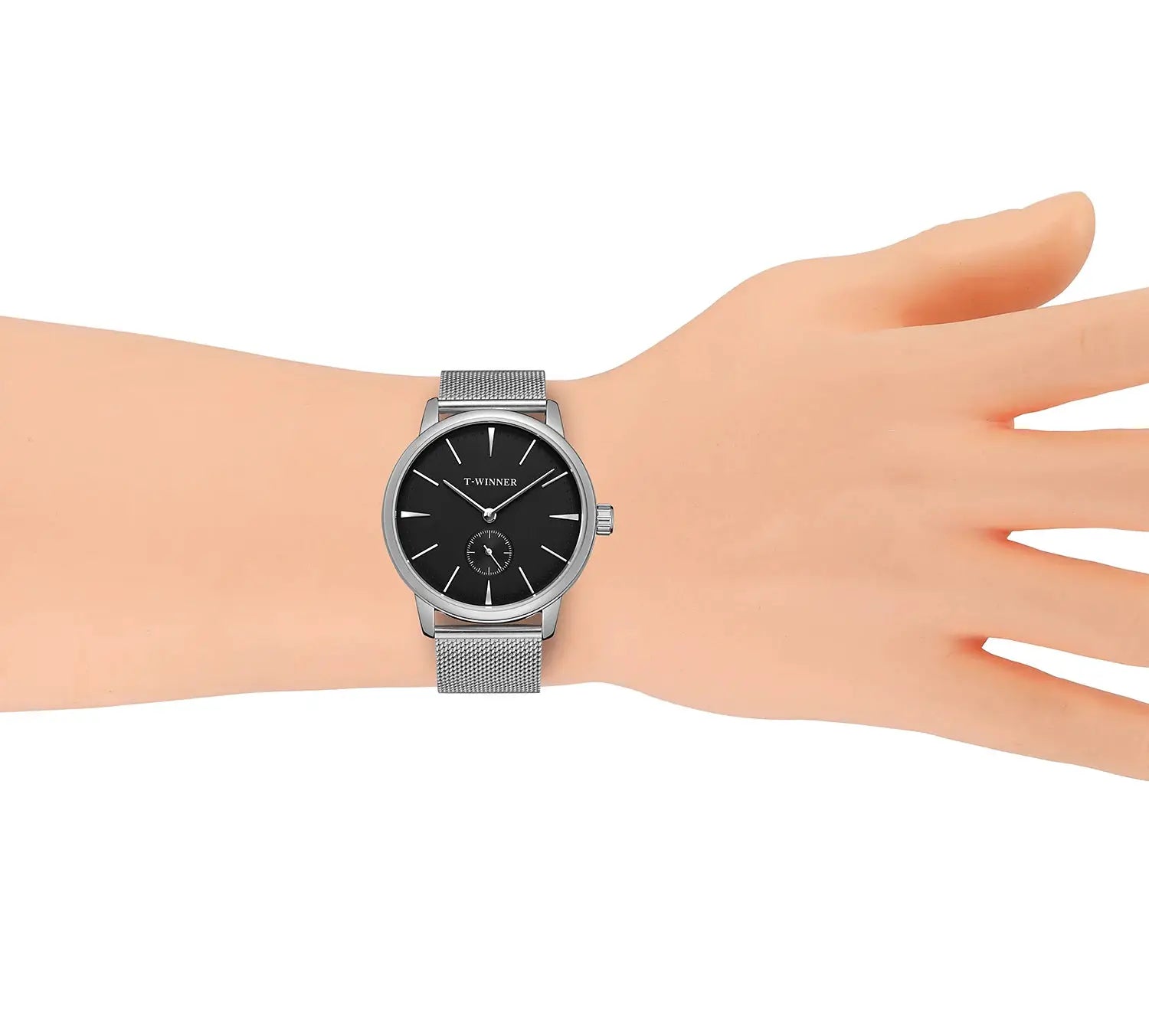 T-WINNER watch with silver mesh strap, black dial and small seconds subdial