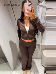 ChicNest Women's Casual Solid Coat and Pant Set With Zipper Lapel Jacket and Long Slim Trousers