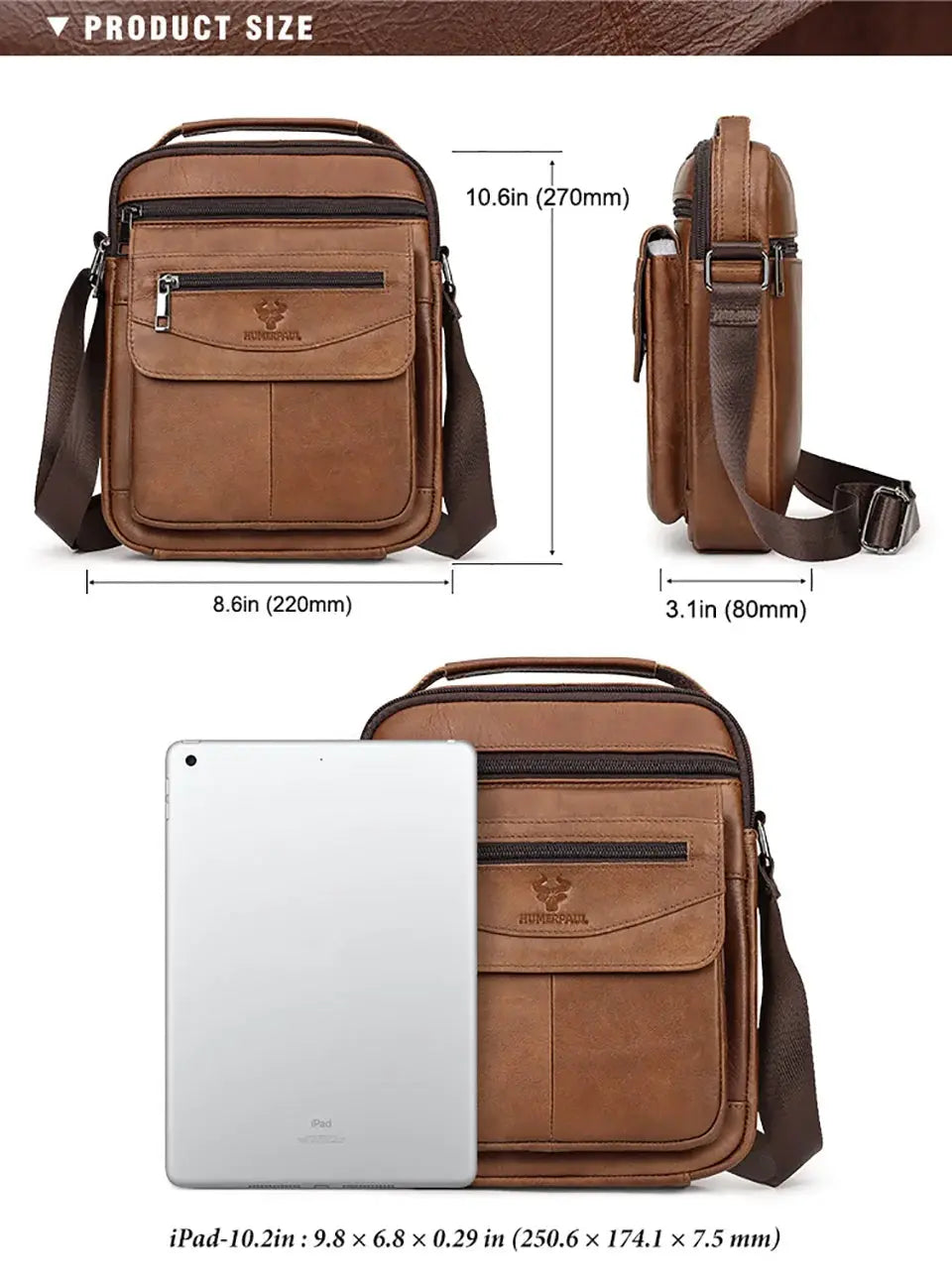 HUMERPAUL genuine leather small messenger bag for men, brown crossbody with front zip pocket and adjustable strap