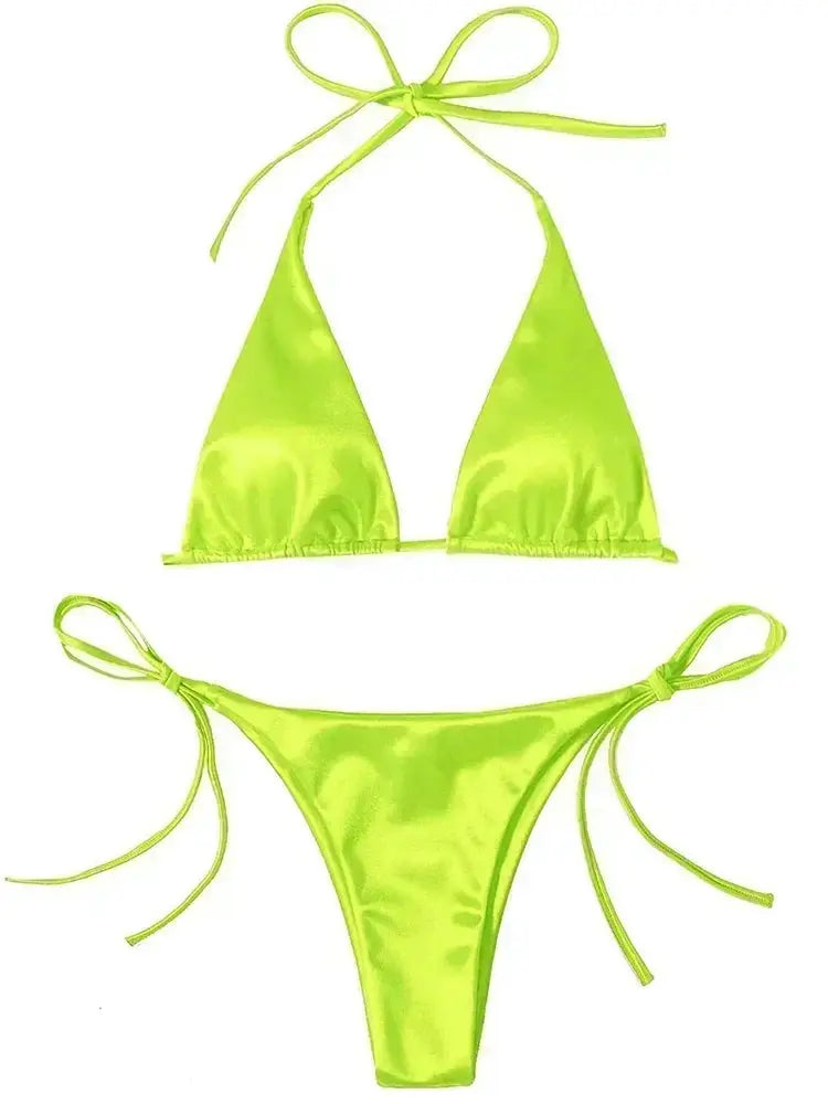 Bikini set Simples Market neon lime halter metallic satin, two-piece high-cut swimwear.