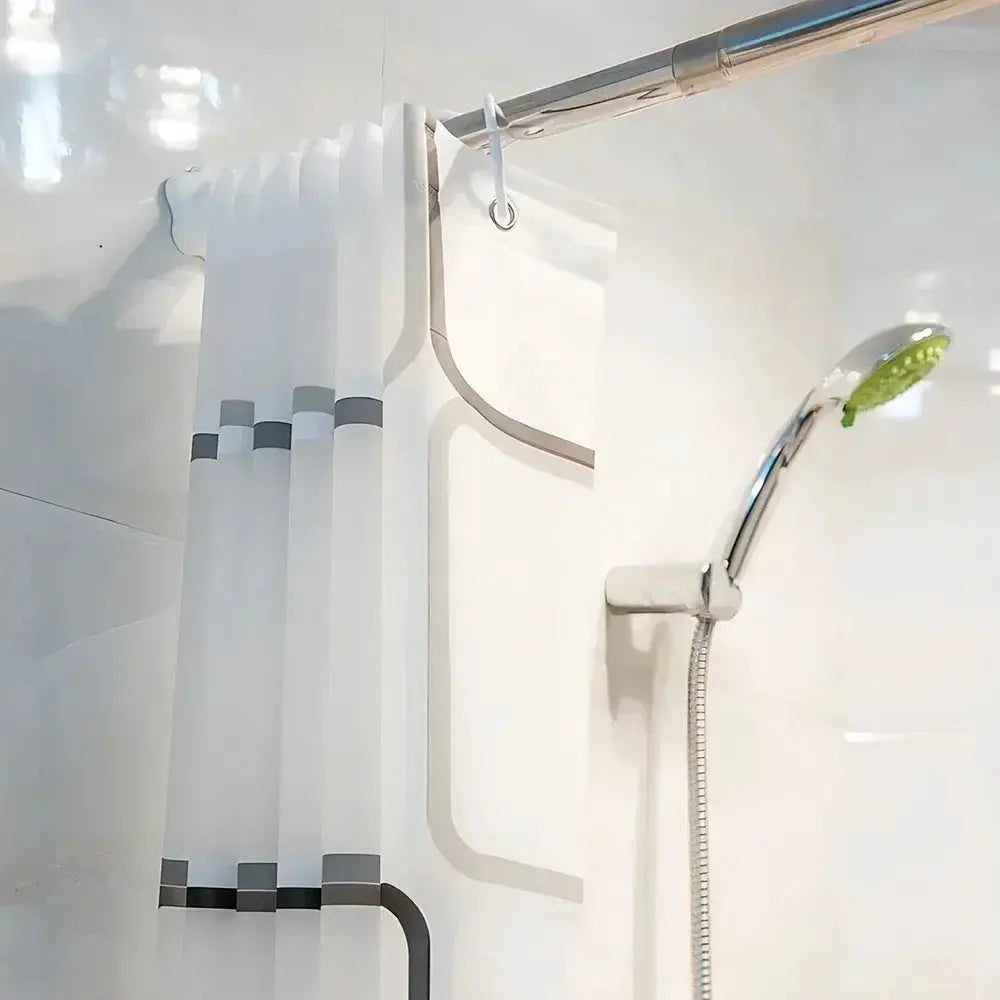 Simples Market bathroom shower curtain with hooks, white fabric with gray geometric bands, shower head nearby.