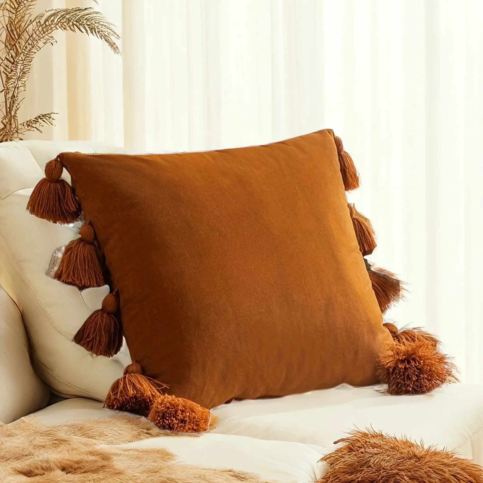 Throw pillow cover with tassels, solid burnt-orange by Simples Market