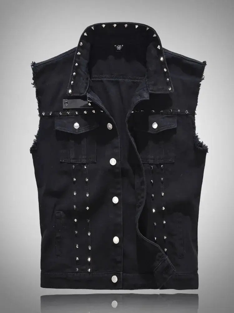 Simples Market black denim vest with rivet studs, sleeveless, punk style, 6XL.