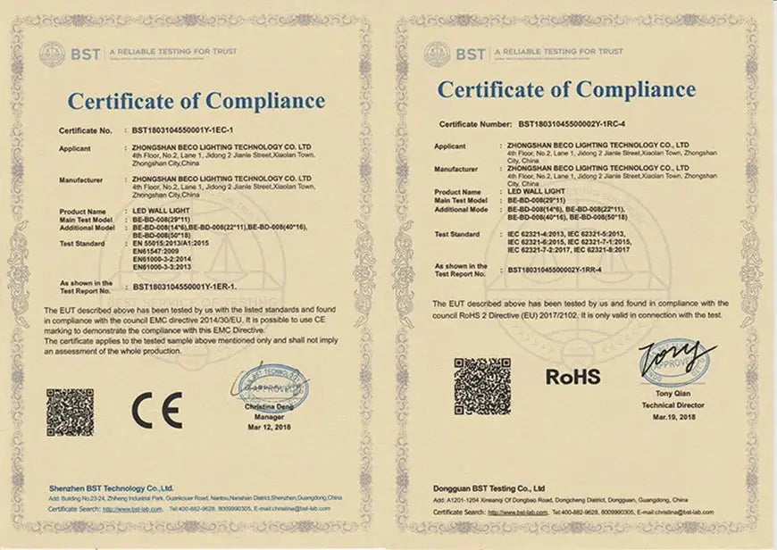 LED wall light certificates: two BST compliance documents from Simples Market