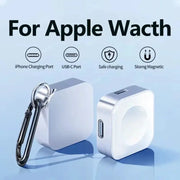 Portable wireless watch charger cube, white with USB-C port and carabiner clip