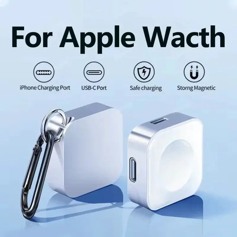 Portable wireless watch charger cube, white with USB-C port and carabiner clip