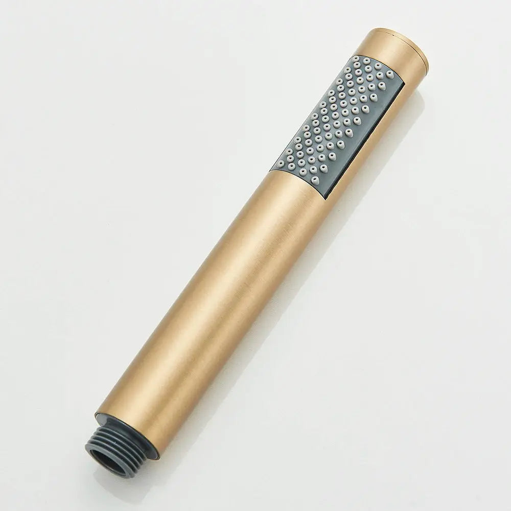 Brushed gold handheld shower head with black end and gray nozzle face, plastic body, single function