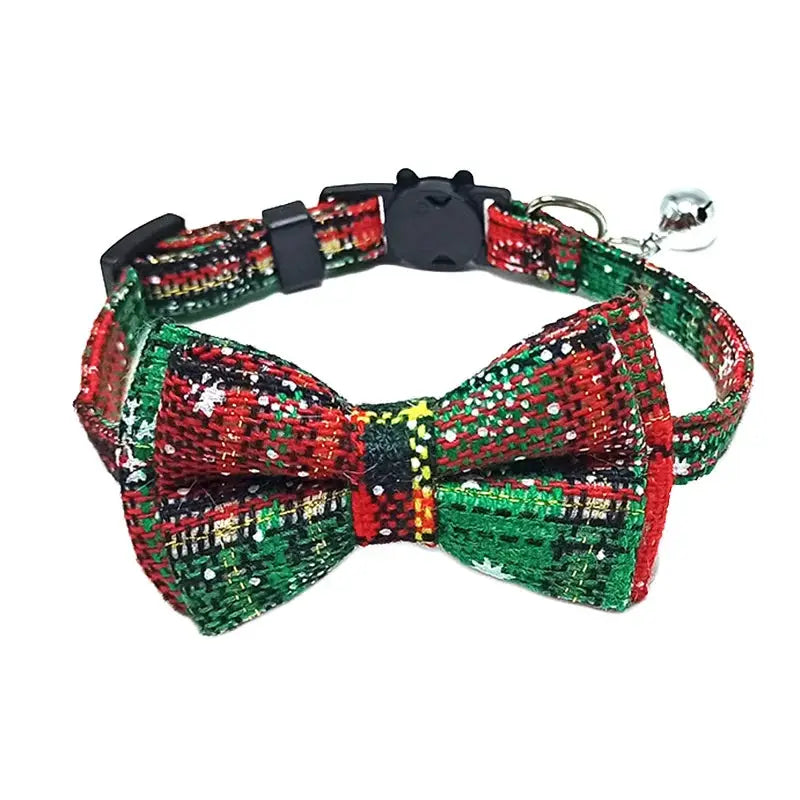 Pet Breakaway Cat Collar With Bow Tie And Bell Plaid Christmas Red Adjustable Elastic For Cats And Small Dogs