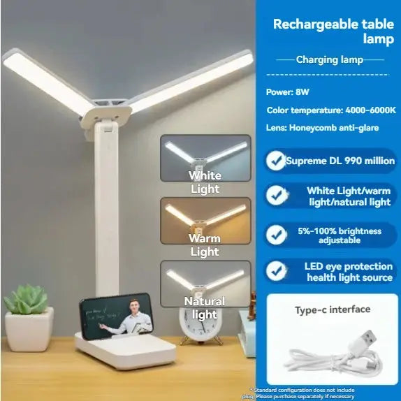LuminaDesk Dual Head LED Desk Lamp Foldable Dimmable Reading Light With USB Rechargeable Battery