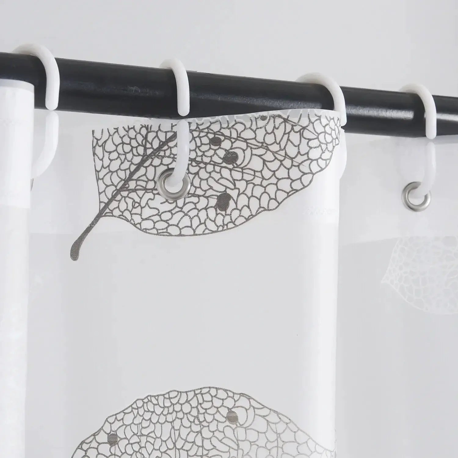 Simples Market leaf-pattern plastic shower curtain with white hooks, transparent bathroom liner