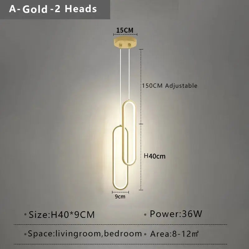 Simples Market gold 2-head LED pendant light, modern minimalist chandelier with adjustable height.