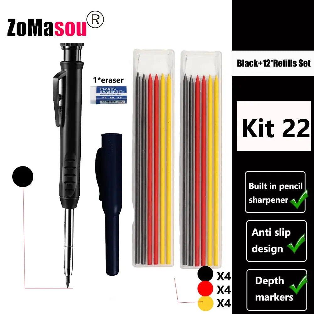 Top Solid carpenter mechanical pencil with long head; includes 12 refills (4 black, 4 red, 4 yellow) in two clear cases.