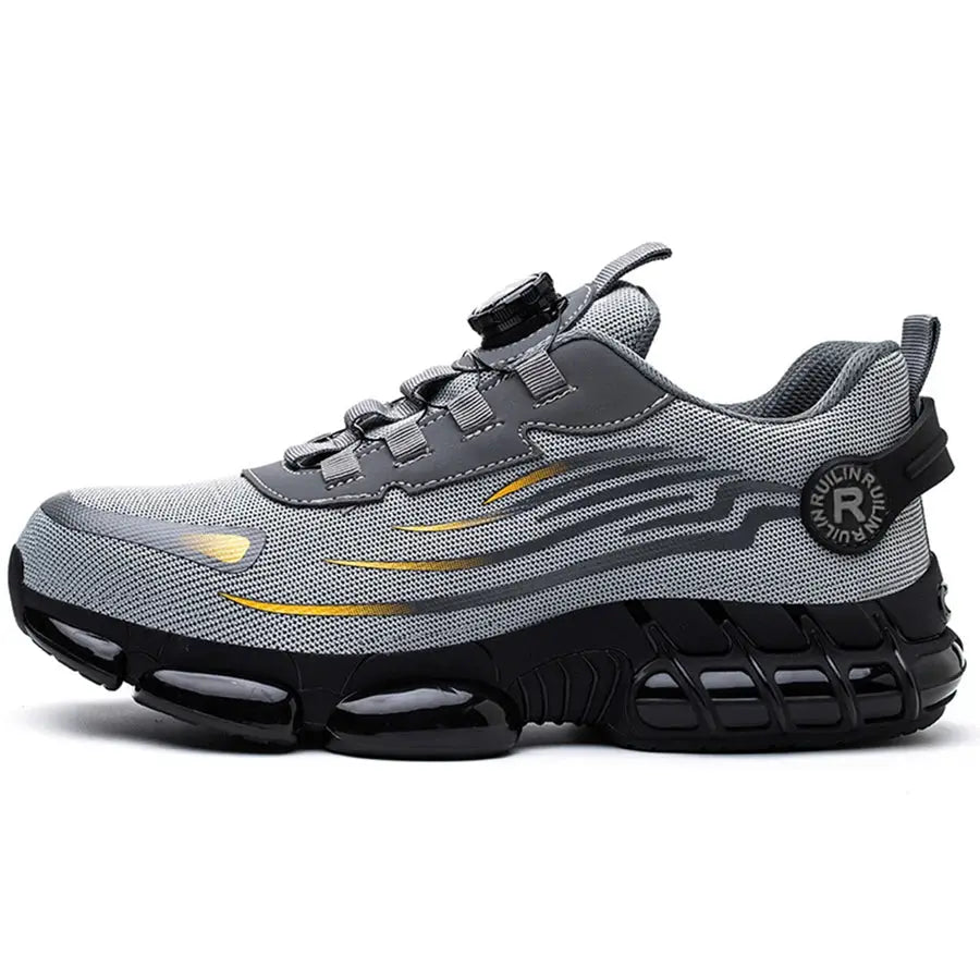 Simples Market men's steel-toe safety shoes, grey mesh upper with black sole and slip-resistant outsole