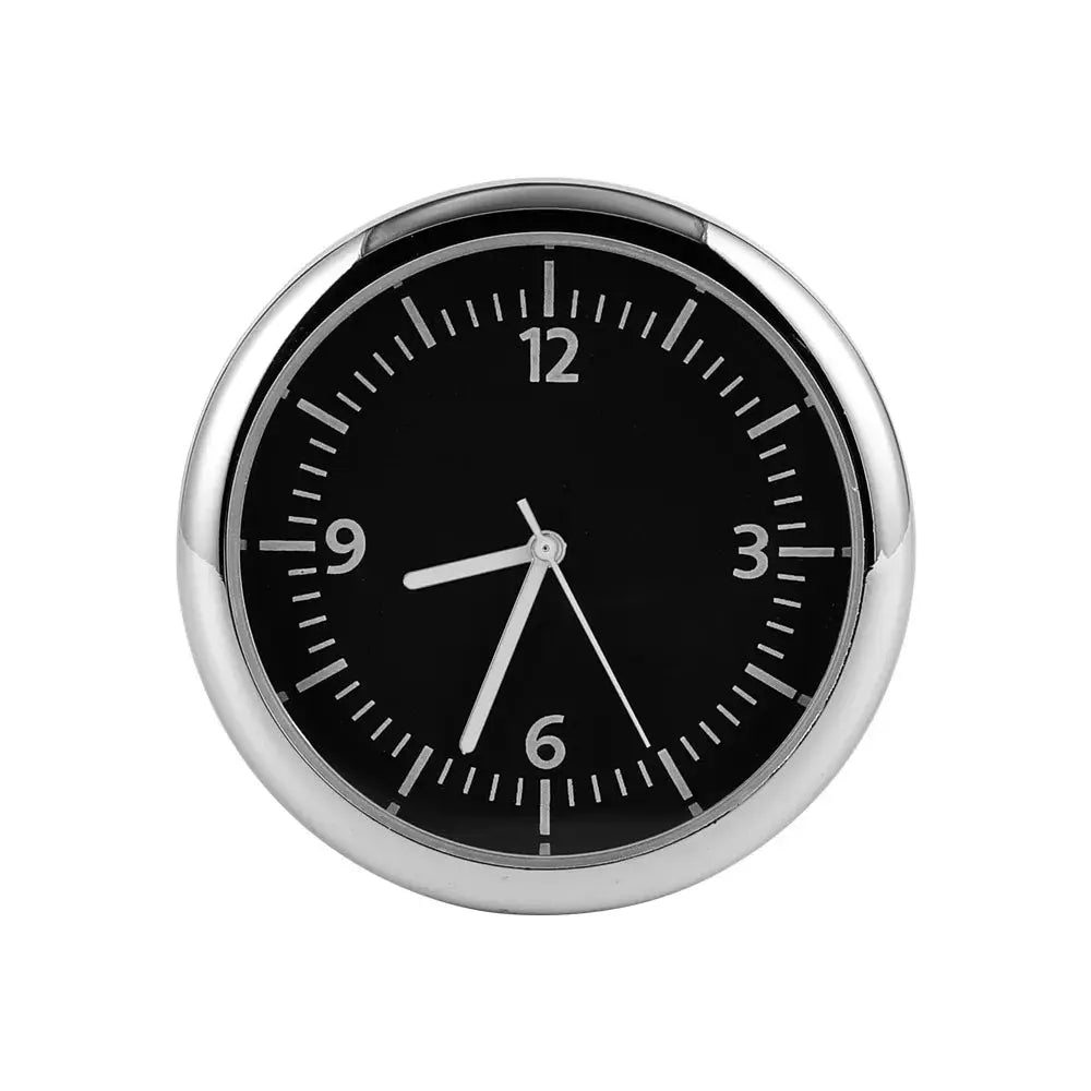 Car clock ornament by Simples Market, round black dial with silver bezel, 40mm quartz auto clock