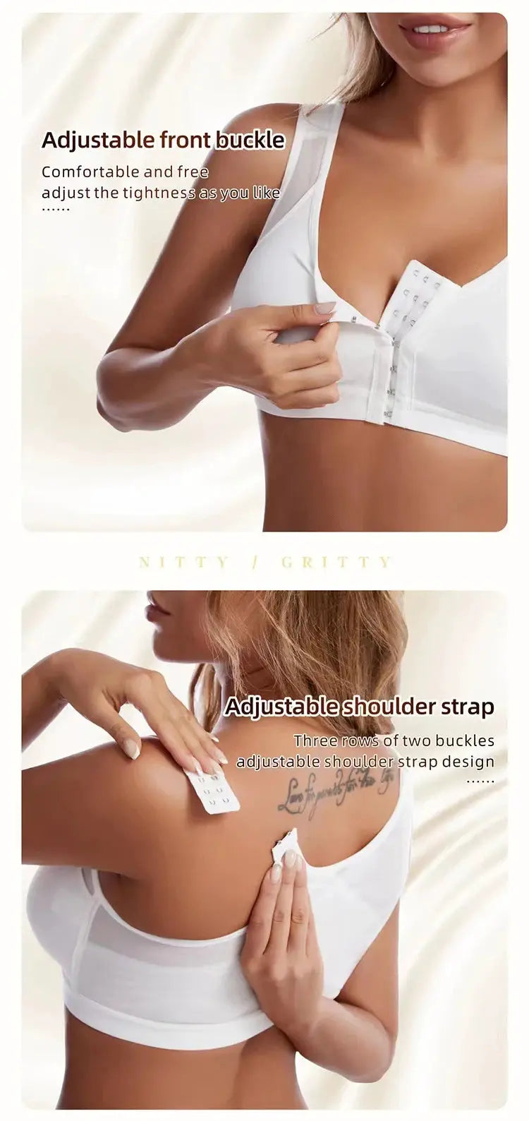 White front-closure vest bra with lift-up design and adjustable front buckle