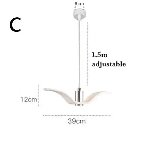Seagull pendant lamp by Simples Market with LED, white bird-wing shade, adjustable 1.5m, 39cm wide for bar or kitchen.